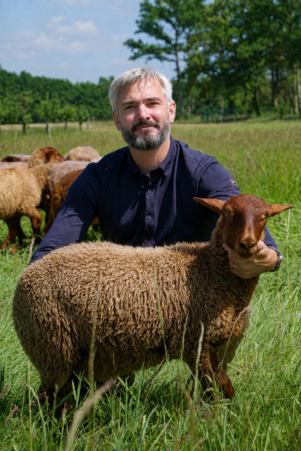 Eloi Primaux avec un agneau à la ferme de Pommerieux